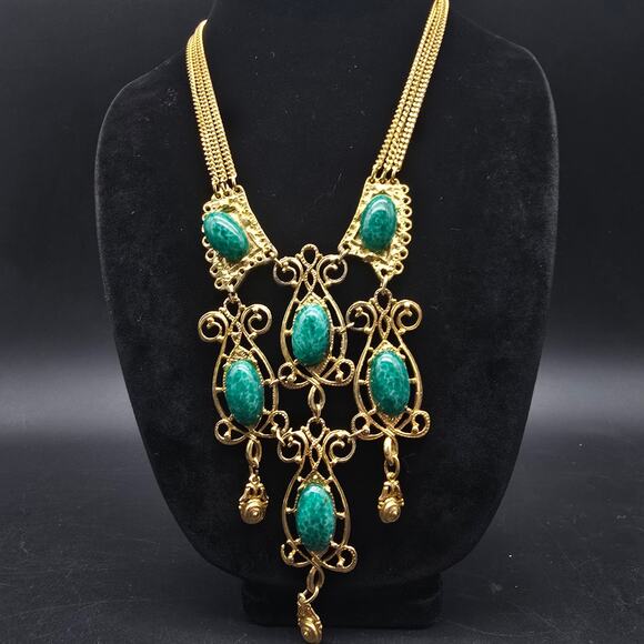 Vintage Peking Glass Bib Necklace Gold Tone Scroll Link - Picture 1 of 10